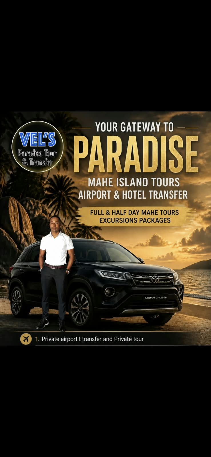 Vel's Paradise Toyota Urban Cruiser transfer vehicle on a beach at sunset with the company logo