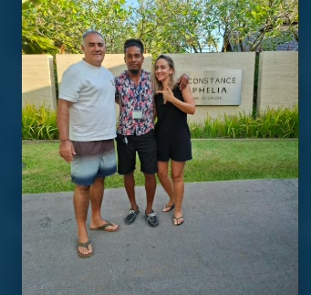 Vel with guests at Constance Ephelia resort, Mahé